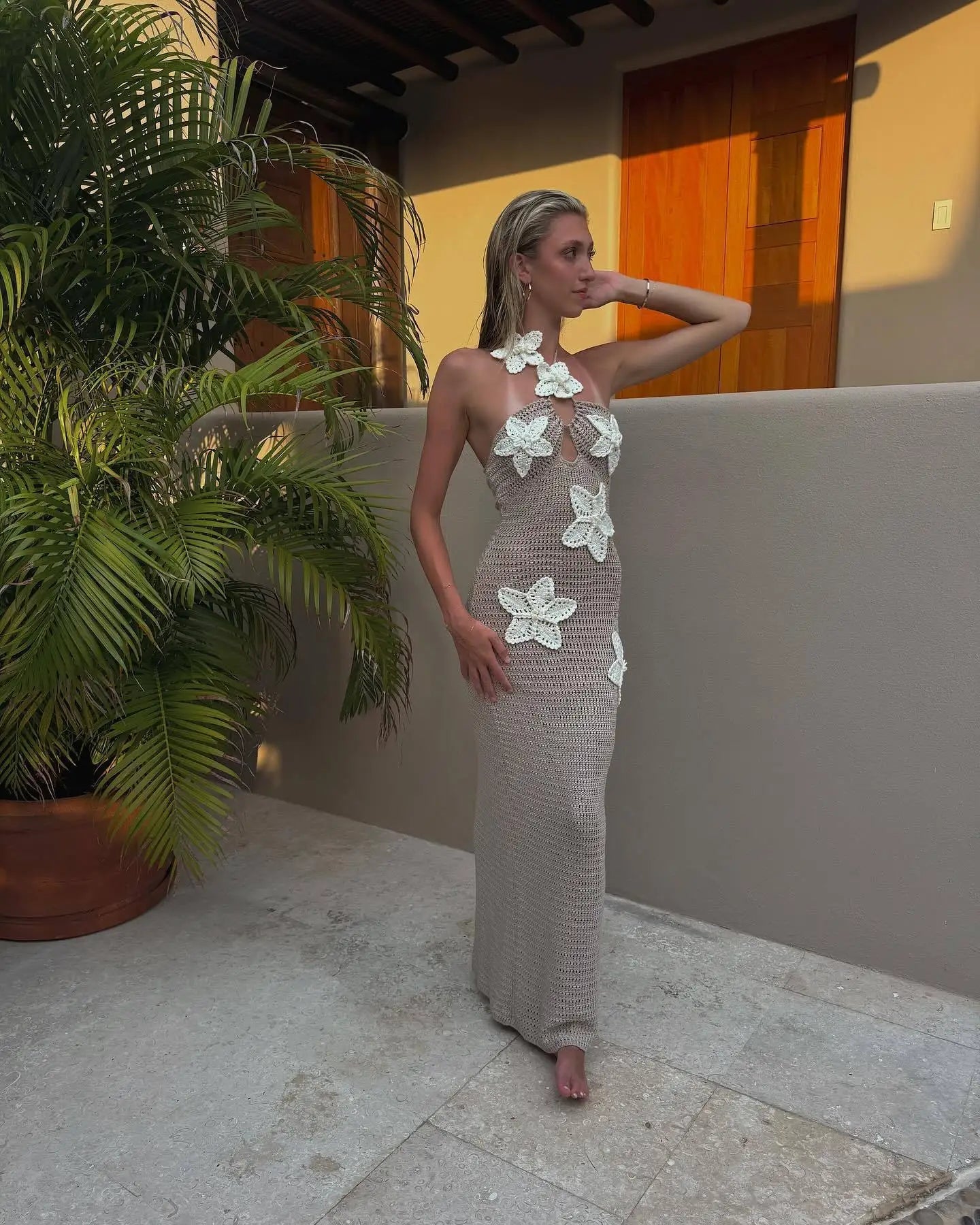 Knit Crochet Flower Applique Halter Maxi Dress Mssaz Desses