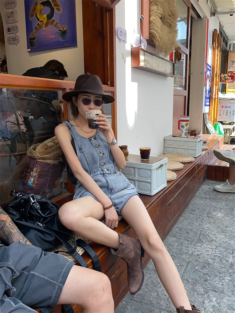 Broken Hole Denim Suspender Retro Washed Loose Suspender One-Piece Wide Leg Shorts Mssza