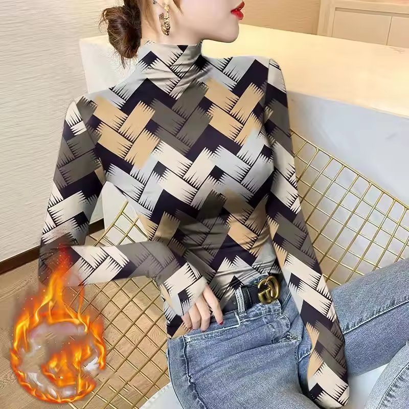Ullover Half High Neck Geometric Underlay Vintage Printing Long Sleeve Striped T-shirt Mssza