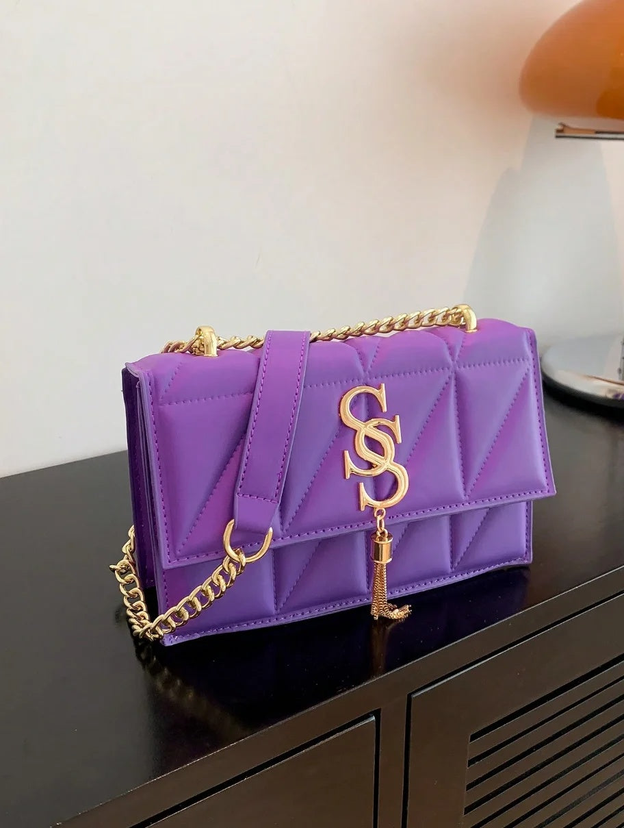 Metal Tassel Ornament Small Square Plaid Stitching Crossbody Bag Mssza