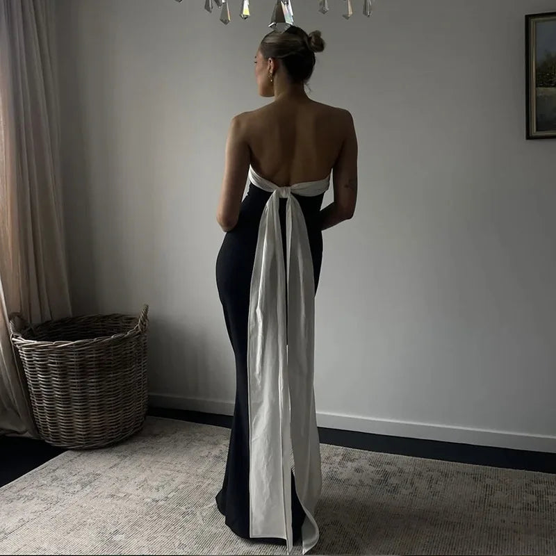 Bows Contrast Color Ribbon Long Dress Mssaz Desses