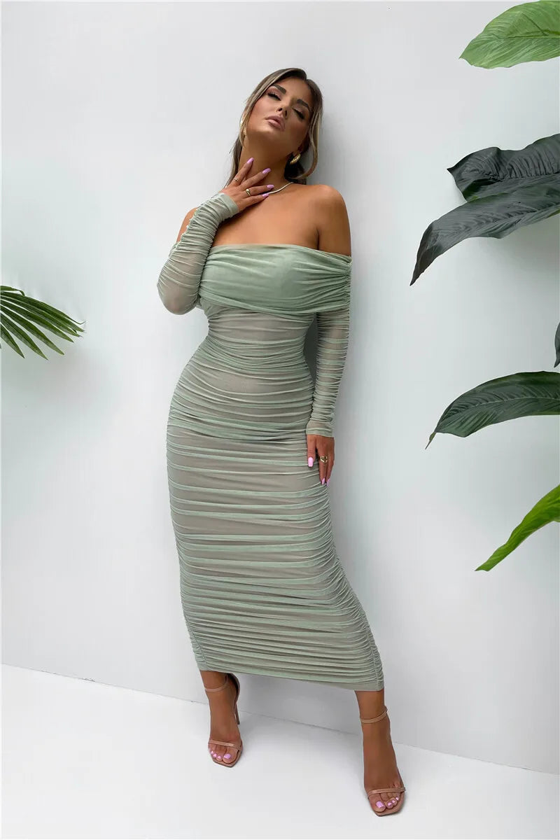 Off-shoulder Slash Neck Solid Maxi Dress Mssaz Desses