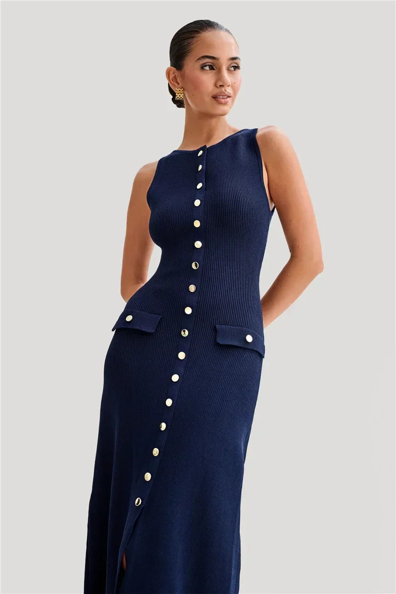 Knit Maxi Dress with Pockets Button-Front Mssaz Desses