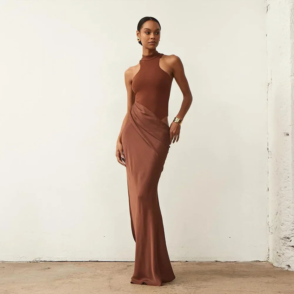 Satin Sleeveless High Neck Dress Mssaz Desses