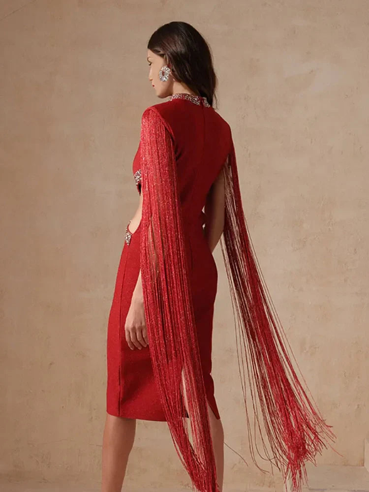 Fringe Sleeve Tassel Sequined Midi Dress Mssaz Desses