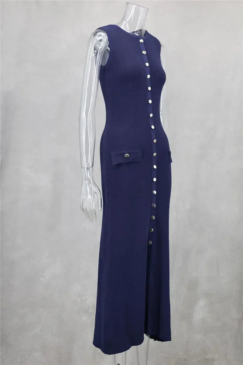 Knit Maxi Dress with Pockets Button-Front Mssaz Desses