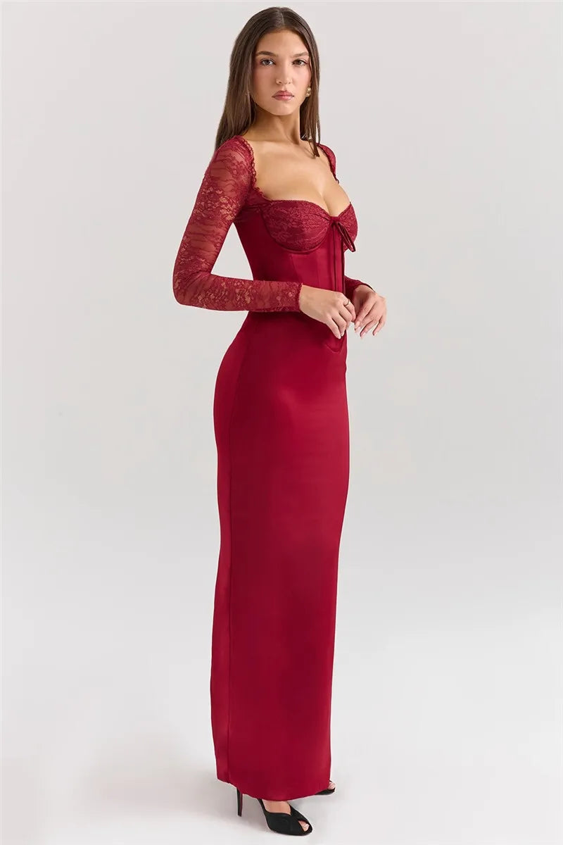 Square Collar Lace-Up Backless Long Sleeve Maxi Dress Mssaz Desses