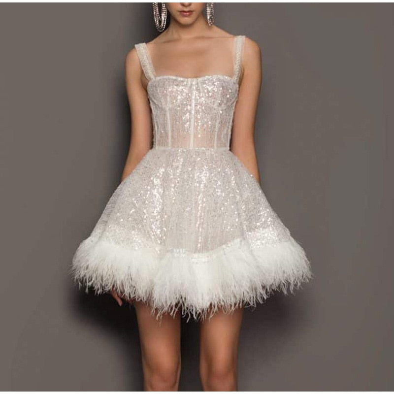 Off Shoulder Slip Feather Sequin Sleeveless Dress Mssaz Desses