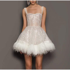 Off Shoulder Slip Feather Sequin Sleeveless Dress Mssaz Desses
