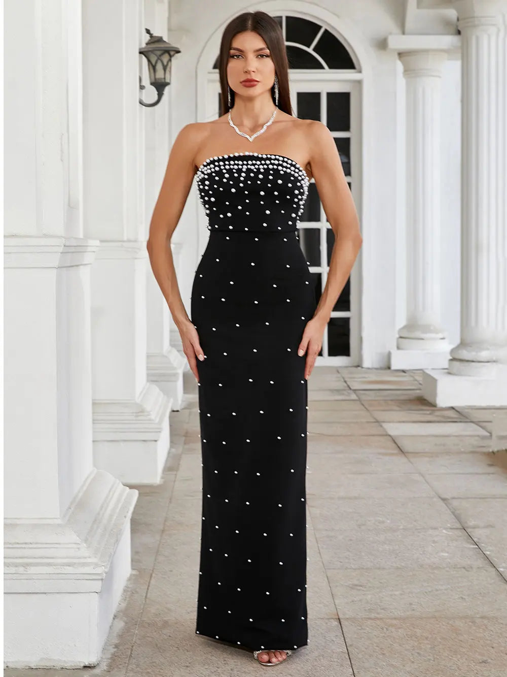 Pearl Design Bandage Strapless Long Dress Mssaz Desses