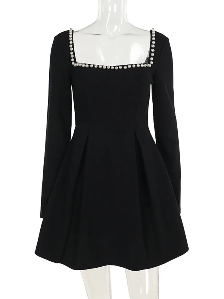 Pearl Square Neck Long Sleeve Mini Dress Mssaz Desses
