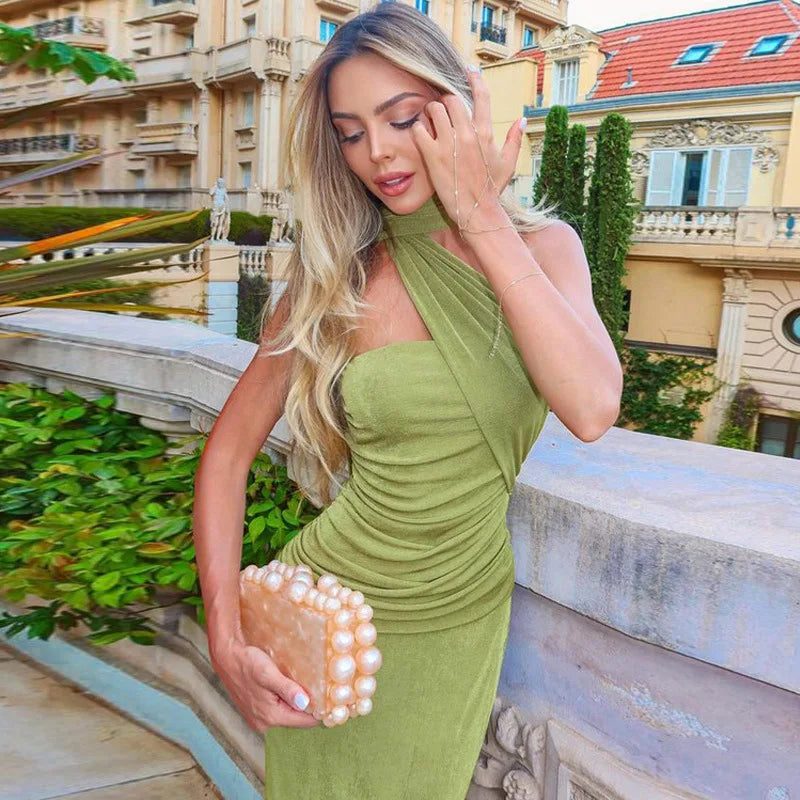 Halter Green Off-shoulder Backless Long Dress Mssaz Desses