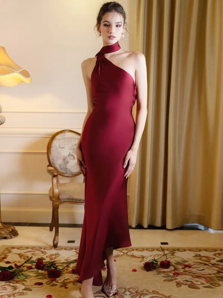 Scarf Collar Backless Solid Long Dress Mssaz Desses
