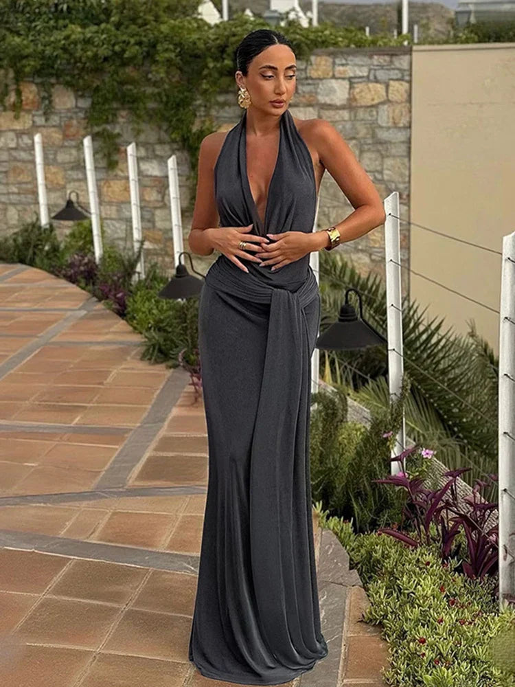 Strapped Halter Neck Backless Long Dress Mssaz Desses
