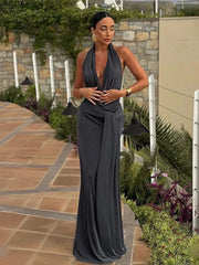 Strapped Halter Neck Backless Long Dress Mssaz Desses