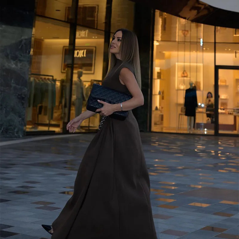 Slanted Collar Solid Pleated Long Dress Mssaz Desses