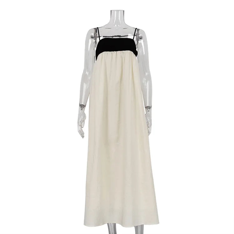 Contrast Color Block Open Back Long Dress Mssaz Desses