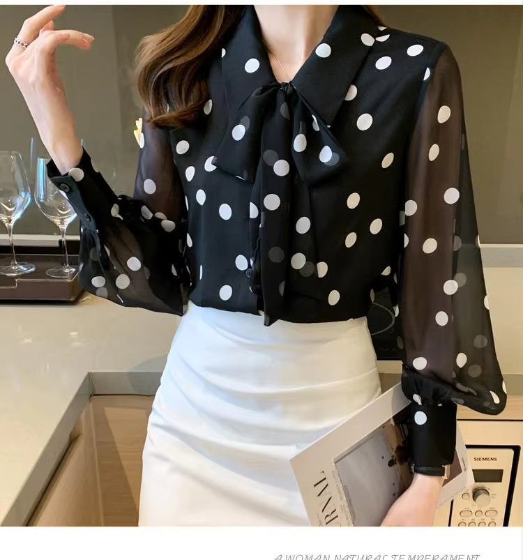 Turn-down Collar Bow Pattern Long Sleeve Single Breasted Tops Mssza