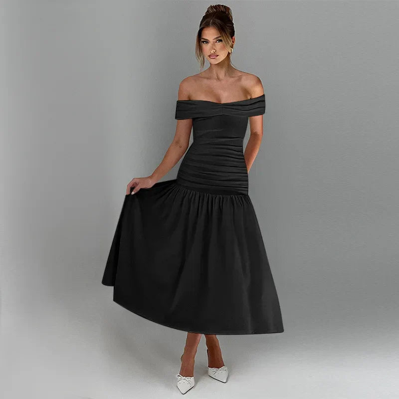 Slash Neck Off Shoulder Solid Dress Mssaz Desses