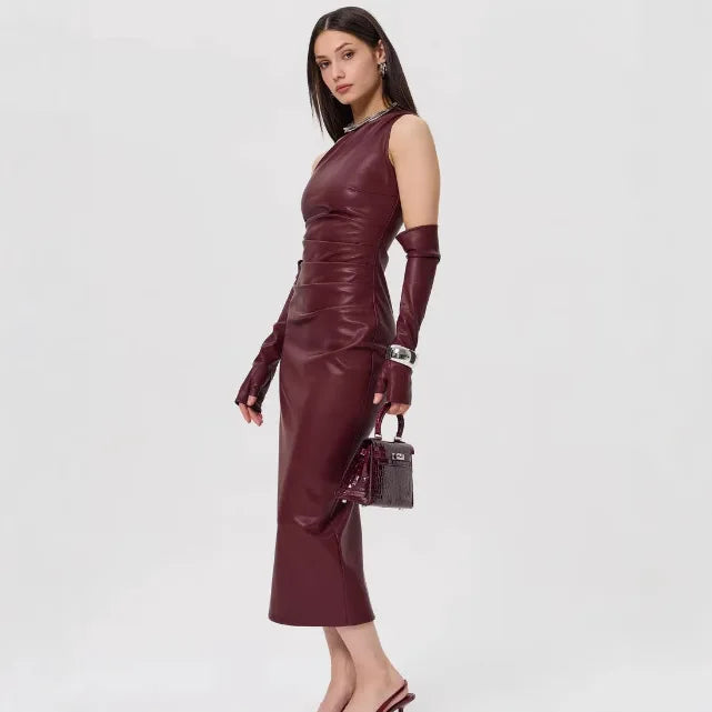 Off-Shoulder Strapless Faux Leather Patchwork Dress Mssaz Desses