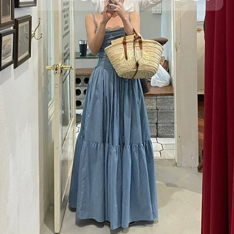 Denim Camisole Top Large Swing Long Skirt Suit Mssaz Desses