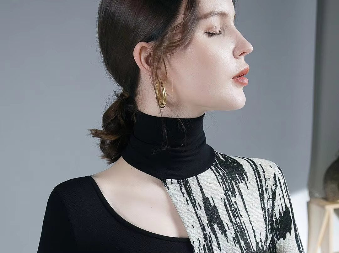 Turtleneck Long Sleeve High Street Printing Hollow Out Pullovers Elegant Slim Chic Top Mssza