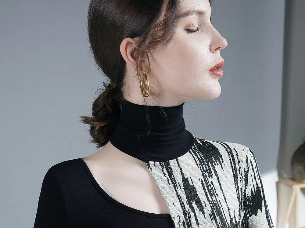 Turtleneck Long Sleeve High Street Printing Hollow Out Pullovers Elegant Slim Chic Top Mssza