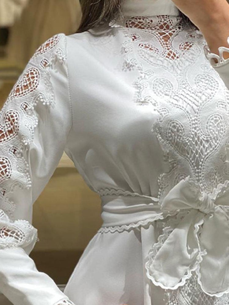 White Lace Hook Flower Hollow Patchwork Boho Long Sleeve Dresses Wedding Party Mssaz Desses