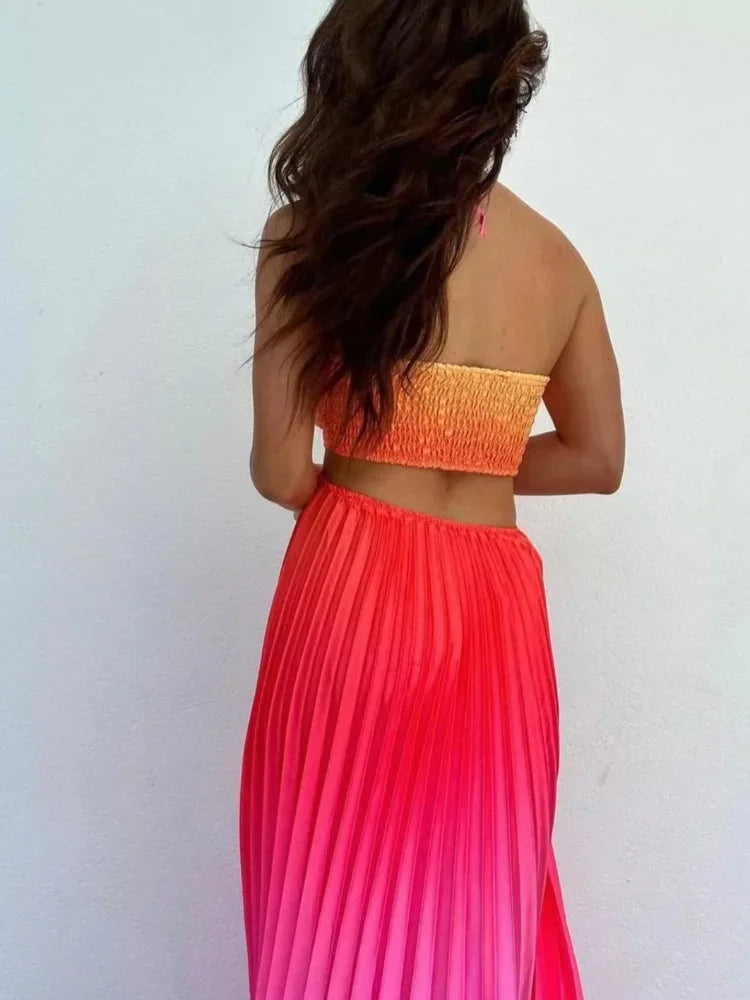 Satin Gradient Pleated Sleeveless Maxi Dress Mssaz Desses