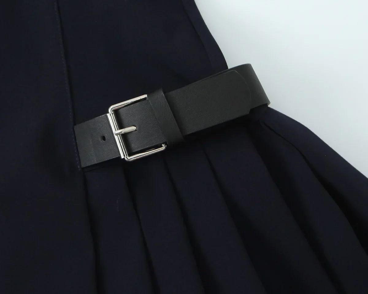 Solid Sleeveless Back Zipper Belt Pleated Dress Mssaz Desses