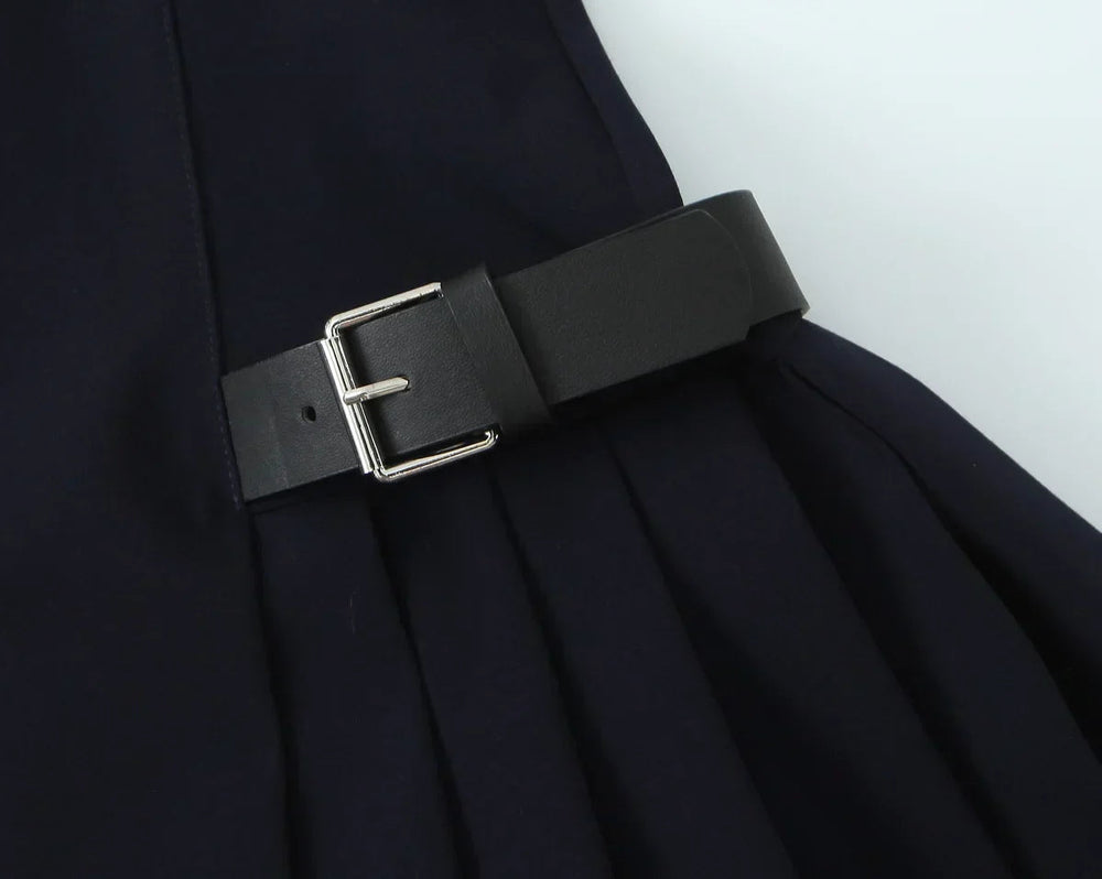 Solid Sleeveless Back Zipper Belt Pleated Dress Mssaz Desses