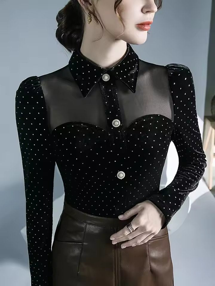 Vintage Doll Collar Polka Dot Gauze Splicing Perspective Velvet Top Mssza
