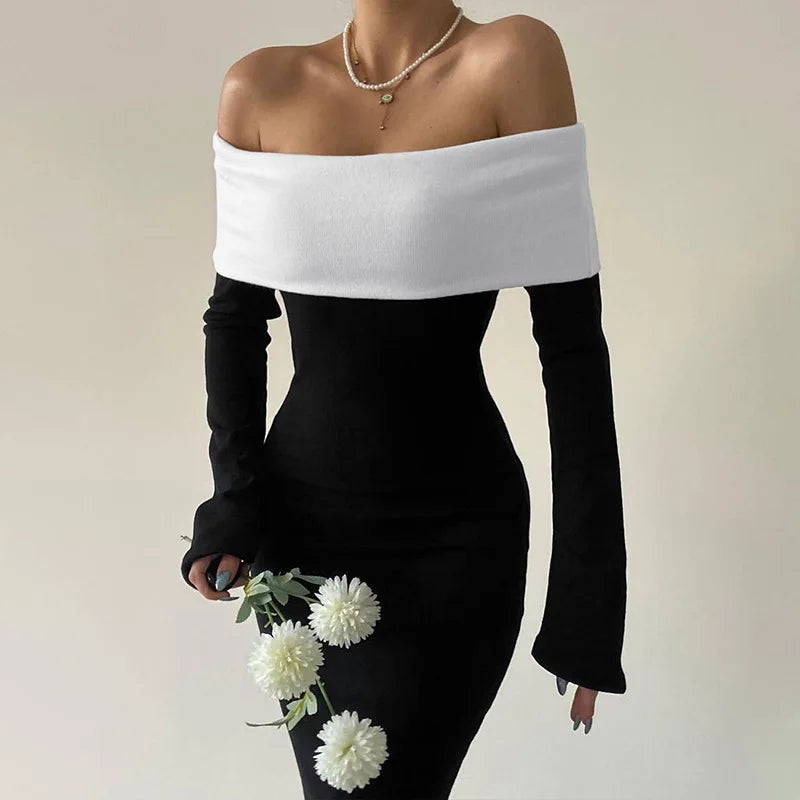 Black & White Off-the-Shoulder Maxi Dress with Long Sleeves Mssaz Desses