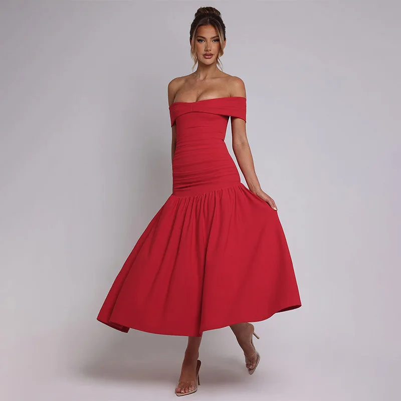 Slash Neck Off Shoulder Solid Dress Mssaz Desses