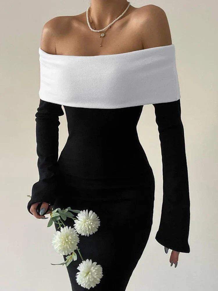 Black & White Off-the-Shoulder Maxi Dress with Long Sleeves Mssaz Desses