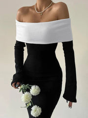 Black & White Off-the-Shoulder Maxi Dress with Long Sleeves Mssaz Desses