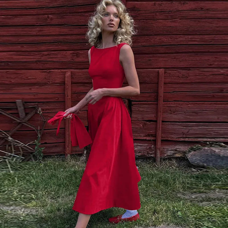 Straight Neck Sleeveless Flare Midi Dress Mssaz Desses