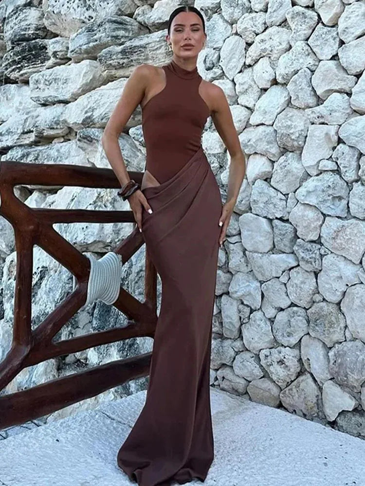 Satin Sleeveless High Neck Dress Mssaz Desses