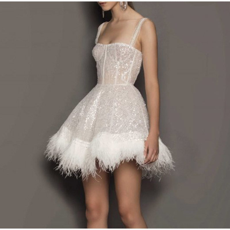 Off Shoulder Slip Feather Sequin Sleeveless Dress Mssaz Desses