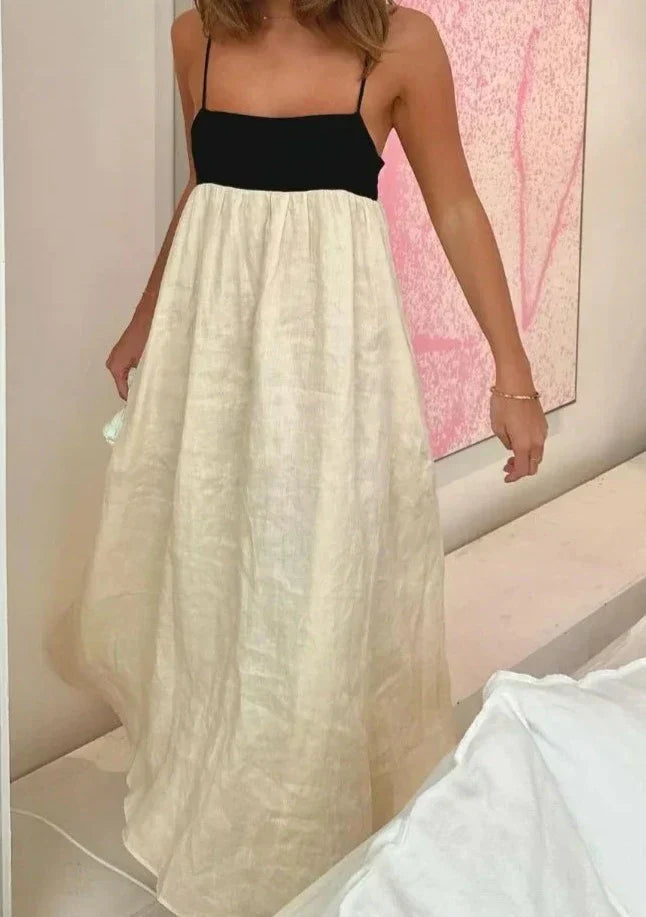 Contrast Color Block Open Back Long Dress Mssaz Desses
