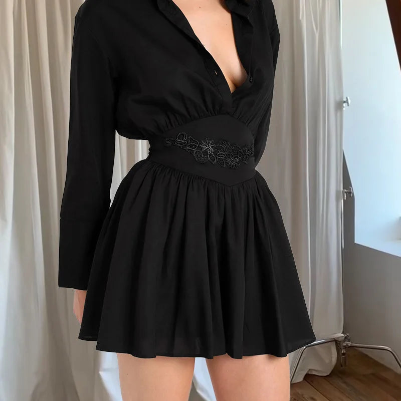 Turn-down Collar Pleated Mini Dress Mssaz Desses