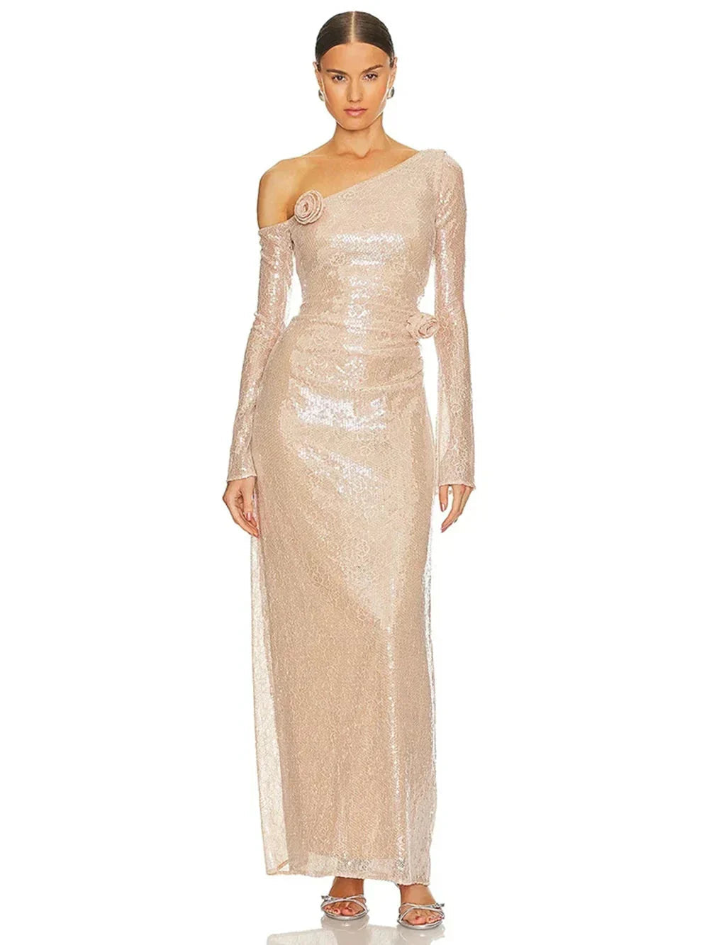 Mesh Sequin 3D Flower Long Sleeve Bodycon Maxi Dress Mssaz Desses