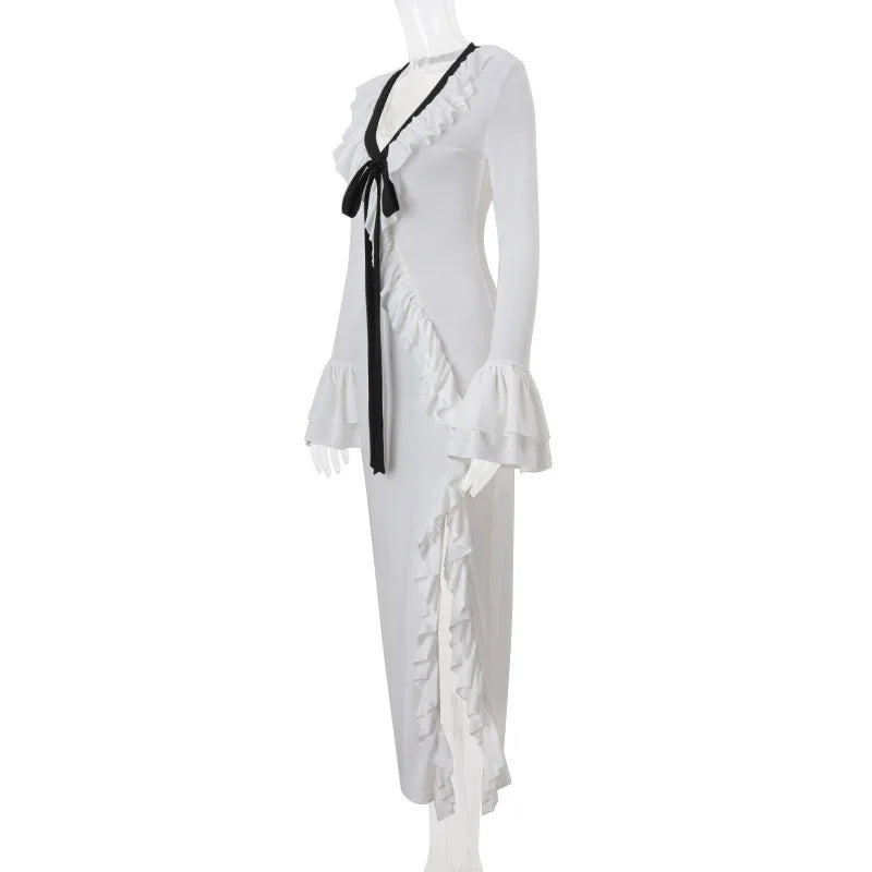 Long Sleeved Ruffled Slit Maxi Dress for Women Mssaz Desses