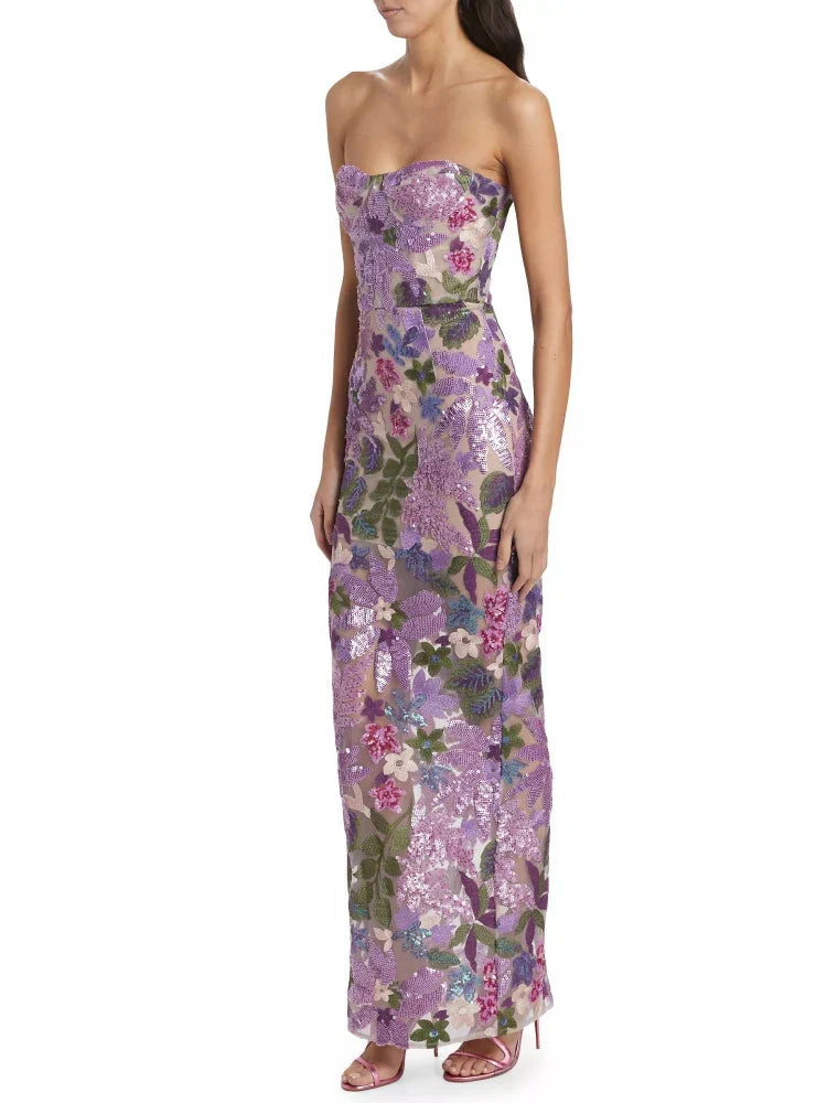 Floral-Embellished Sequin Lavender Ankle Length Dress Mssaz Desses