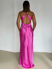 Satin V-neck Back Strappy Bow Maxi Dress Mssaz Desses