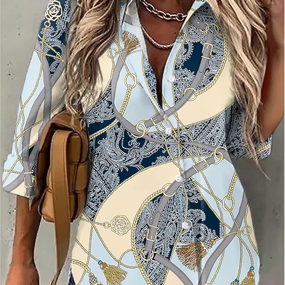 Long Sleeve Floral Button-Up Shirt with Lapel Design Mssza