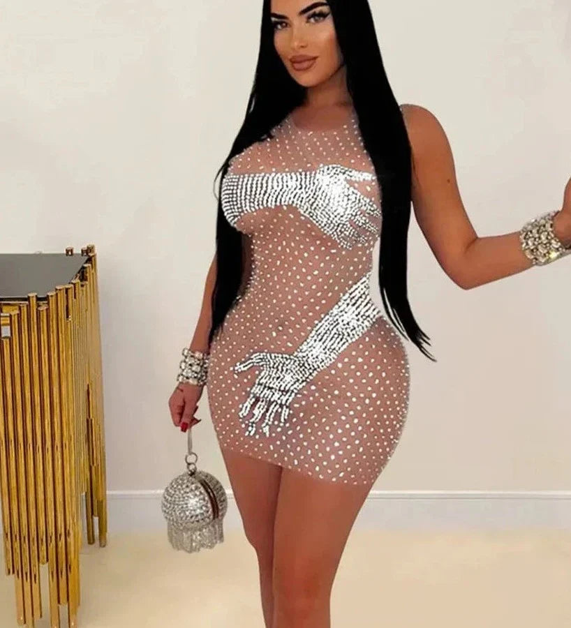 Mesh Rhinestone Round Neck Sleeveless Mini Dress Mssaz Desses