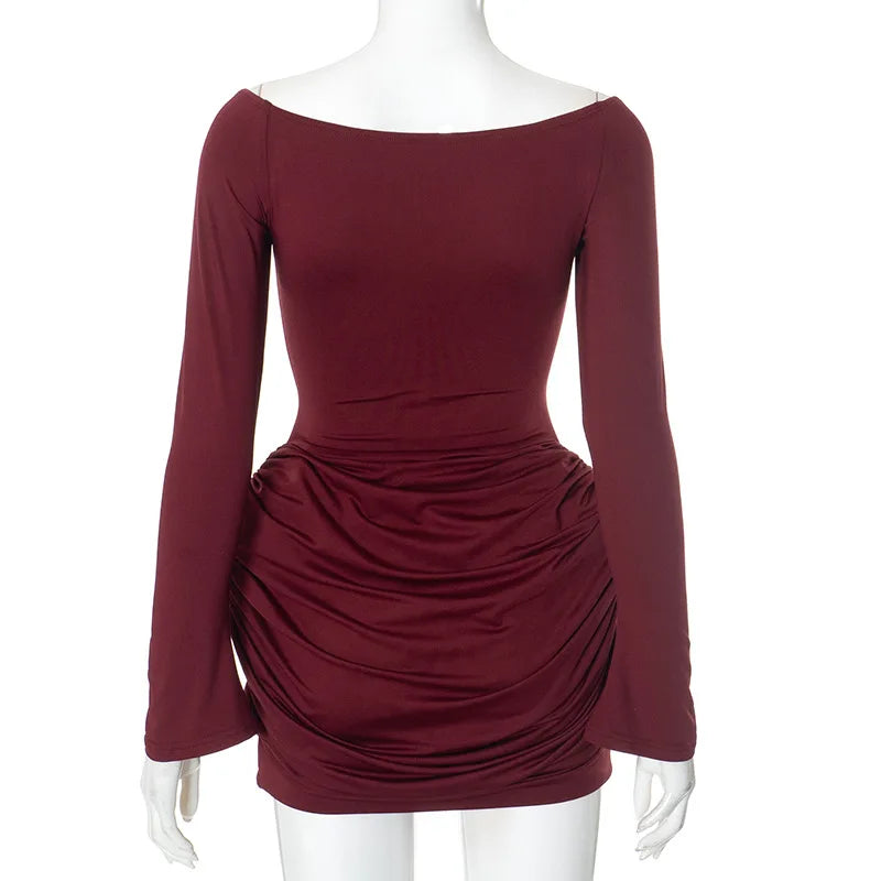 Pleated Off-Shoulder Long Sleeve Mini Dress Mssaz Desses
