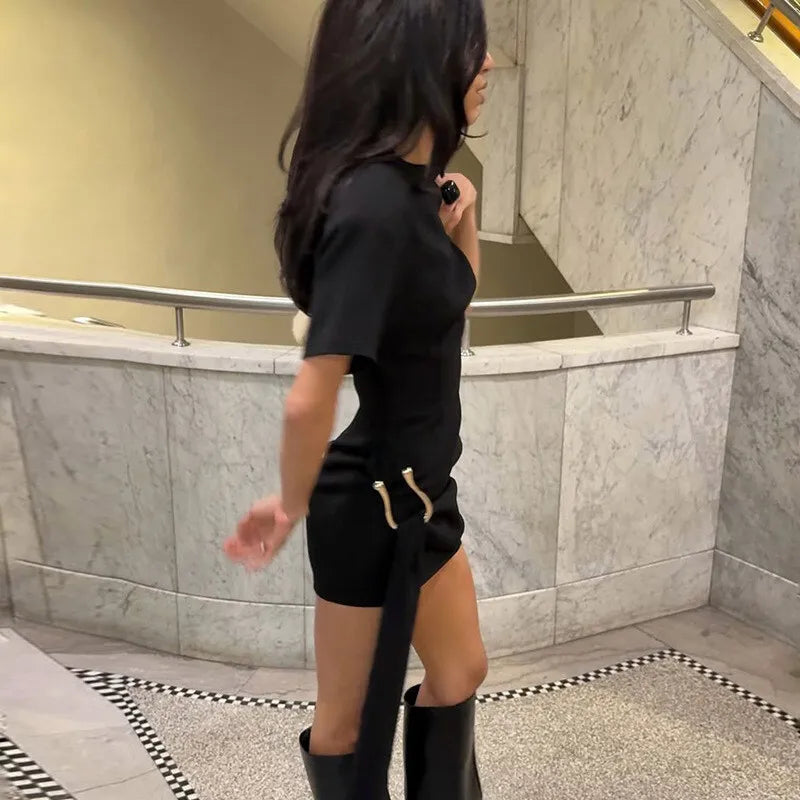 Short Sleeve Draped Black Metal Buckle Mini Dress Mssaz Desses