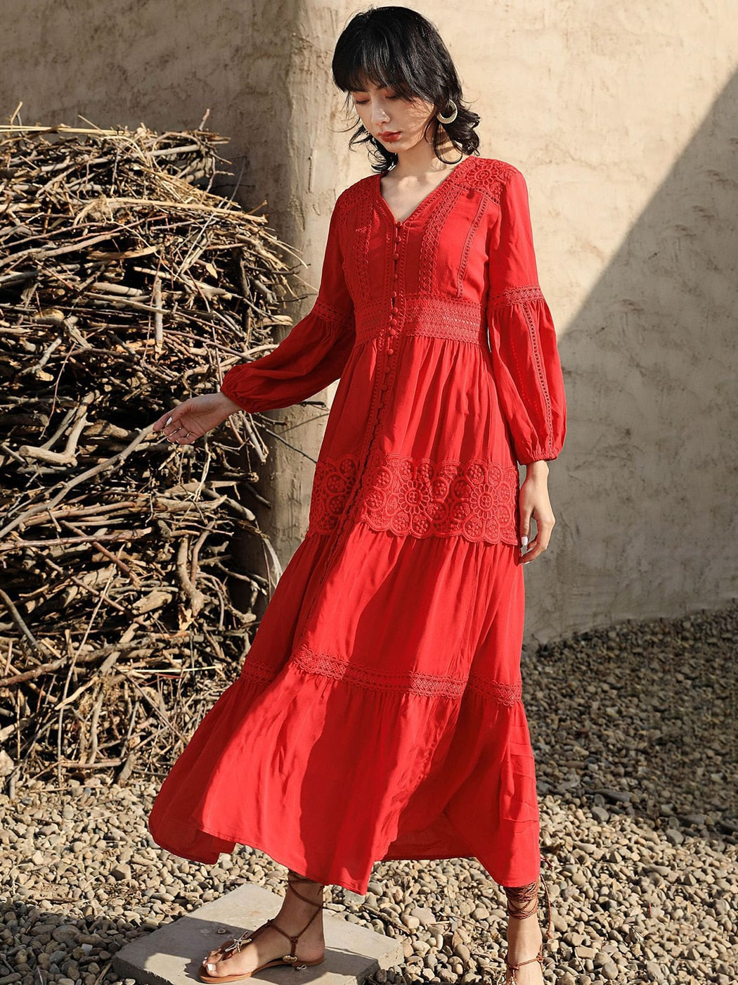 Cotton Patchwork Lace Dresses V-Neck Lantern Sleeve Maxi Dress Mssaz Desses
